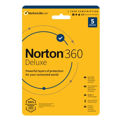 Picture of Norton 360 Deluxe 1 x 5 Device, 1 Year Retail Licence - 50GB Cloud Storage - PC, Mac, iOS & Android