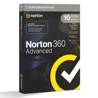 Picture of Norton 360 Advanced 1x 10 Device, 1 Year Retail Licence - 200GB Cloud Storage - PC, Mac, iOS & Android *Non-enrolment*