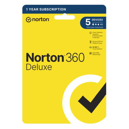 Picture of Norton 360 Deluxe 1x 5 Device, 1 Year Retail Licence - 50GB Cloud Storage - PC, Mac, iOS & Android *Non-enrolment*