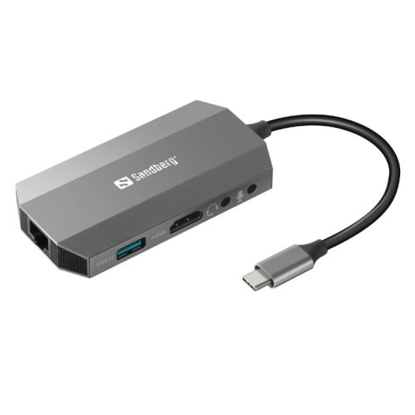Picture of Sandberg (136-33) USB-C 6-in-1 Travel Dock - USB-C (up to 100W), HDMI, 2x USB 3.0, RJ45, Headphone, Microphone, SD/Micro SD/TF Card, Aluminium, 5 Year Warranty