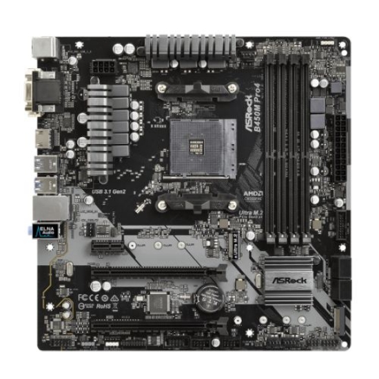 Picture of Asrock B450M PRO4, AMD B450, AM4, Micro ATX, 4 DDR4, XFire, VGA, DVI, HDMI, M.2