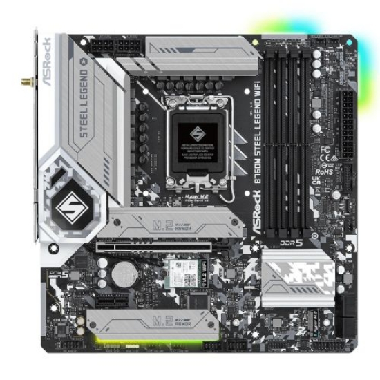 Picture of Asrock B760M STEEL LEGEND WIFI, Intel B760, 1700, Micro ATX, 4 DDR5, HDMI, DP, eDP, Wi-Fi 6E, 2.5G LAN, PCIe5, 3x M.2, RGB