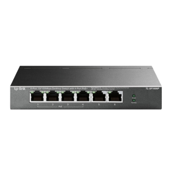 Picture of TP-LINK (TL-SF1006P) 6-Port 10/100 Unmanaged Desktop Switch, 4 Port PoE+, Steel Case