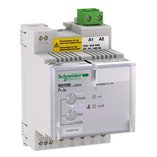 Picture of residual current protection relay, Vigirex RH10M, 300 mA, 220/240 VAC 50/60 Hz, DIN rail mounting